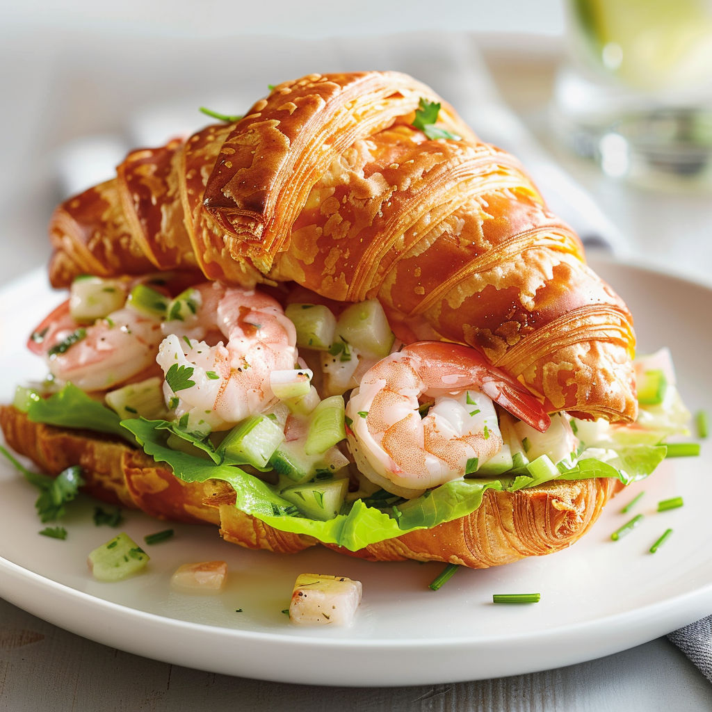 Un croissant garni de saumon et de légumes, accompagné d’une salade verte.