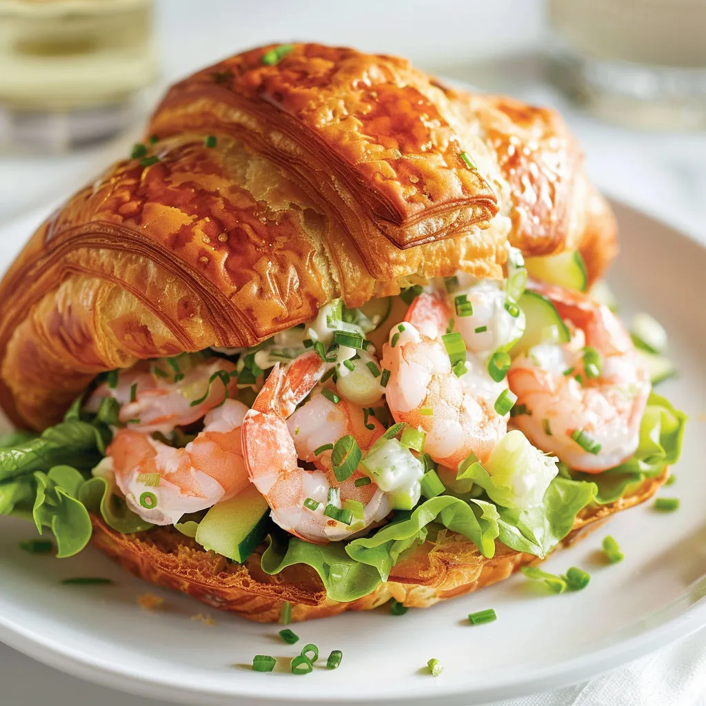 Un croissant garni de légumes croquants, avec du concombre et des herbes fraîches.