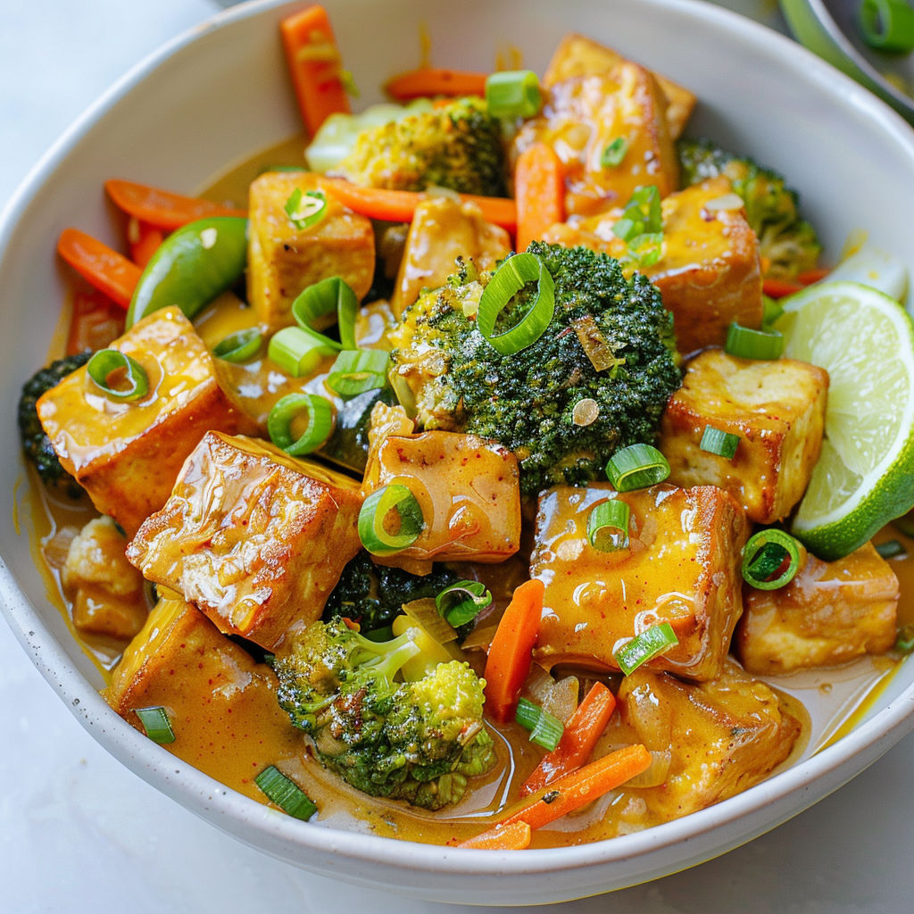 Un délicieux plat de tofu caramélisé au cari et lait de coco avec légumes croquants.