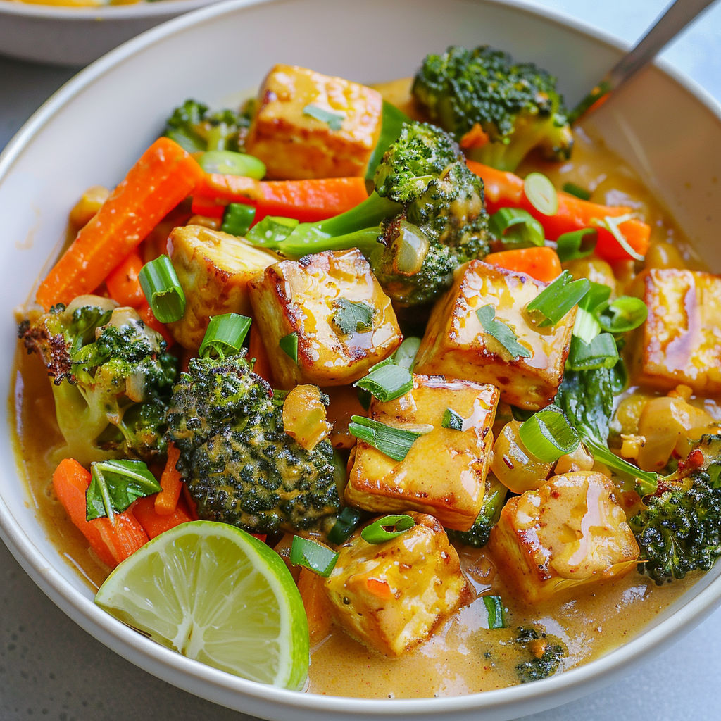 Un plat de tofu crémeux avec légumes comme carottes, brocolis et épinards servi à table.