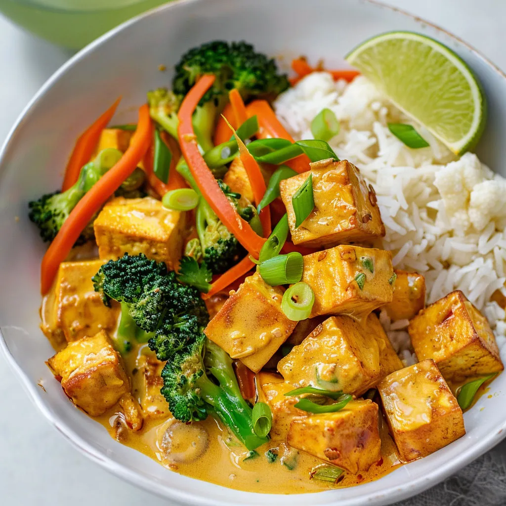 Une assiette garnie de tofu sauté avec des légumes originaux et épices, servie avec du riz.