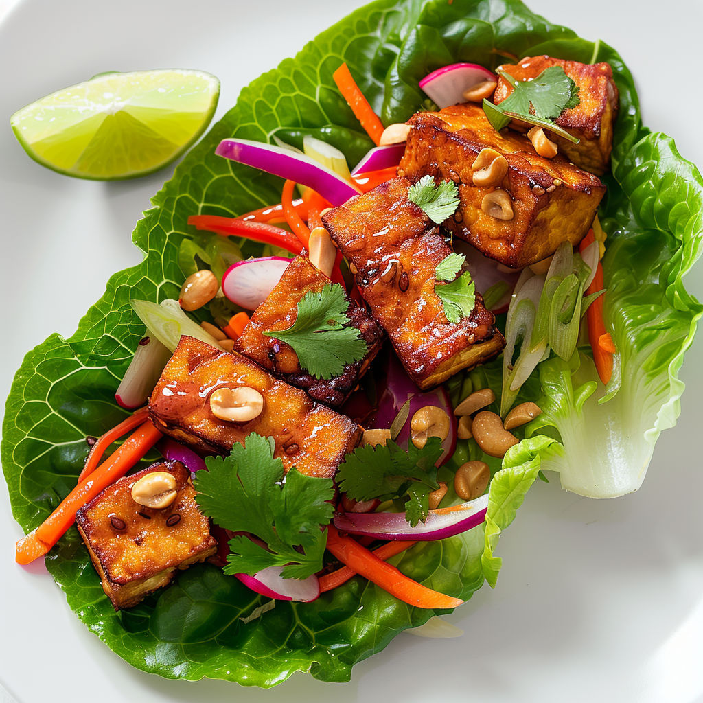 Un plat coloré de tofu croustillant avec légumes frais et laitue.