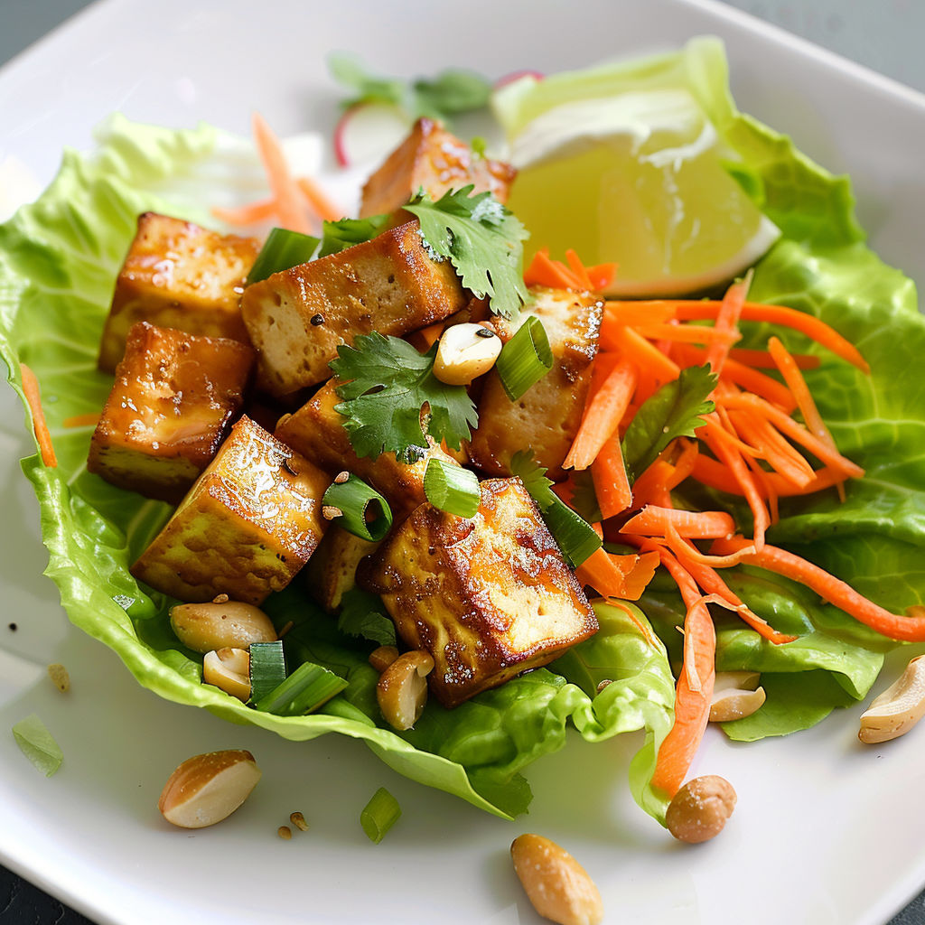 Salade fraîche de tofu grillé, carottes, noix et quartiers de citron vert dans un grand plat coloré.