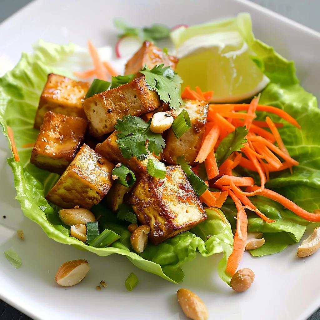 Salade fraîche de tofu grillé, carottes, noix et quartiers de citron vert dans un grand plat coloré.