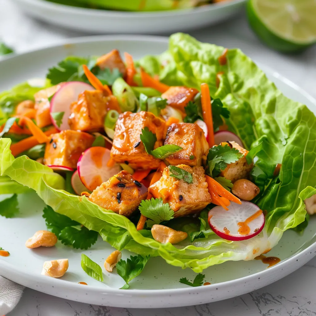 Plateau de salade croquante, tofu doré, carottes et quelques pommes de terre bien rôties.