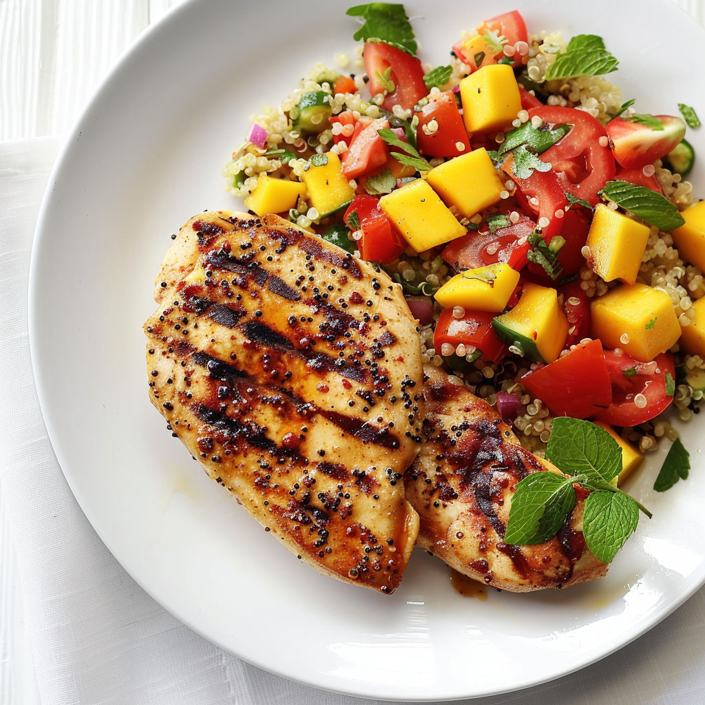 Assiette de poulet grillé accompagnée d'une salade de quinoa avec mangue et tomates.