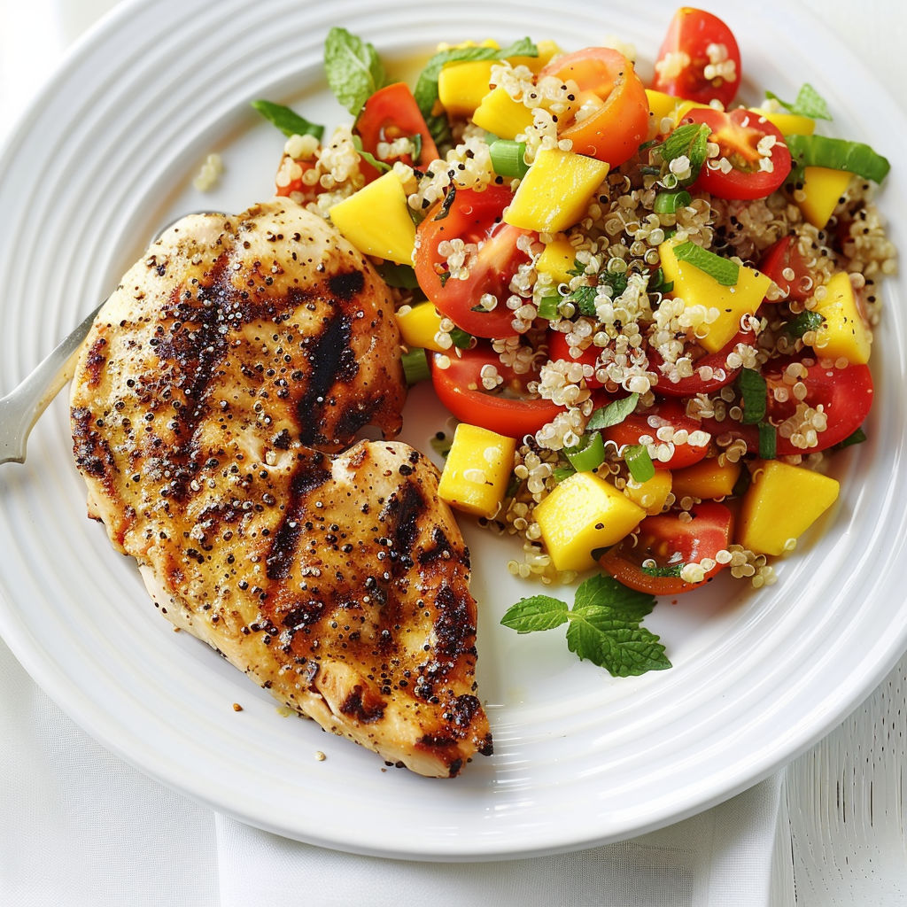 Salade de quinoa estivale au poulet grillé servie sur un plateau.
