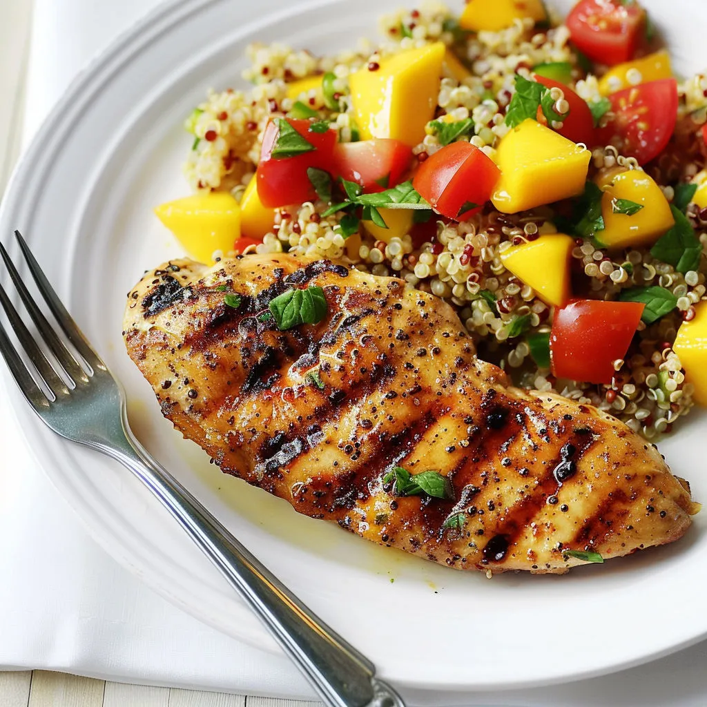 Poulet grillé servi avec salade mangue et tomates.