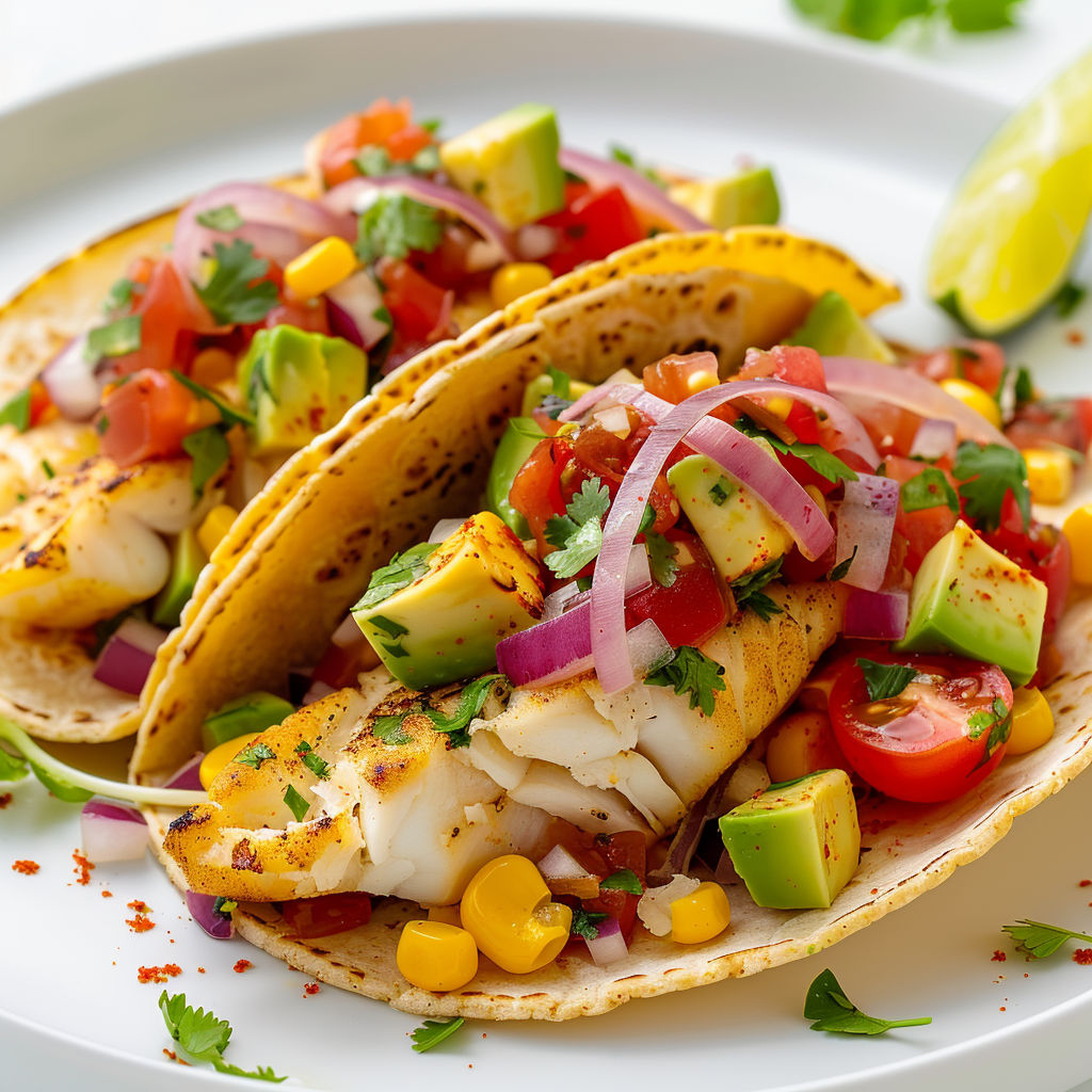 Tacos de poisson, avocat et tomate bien frais.