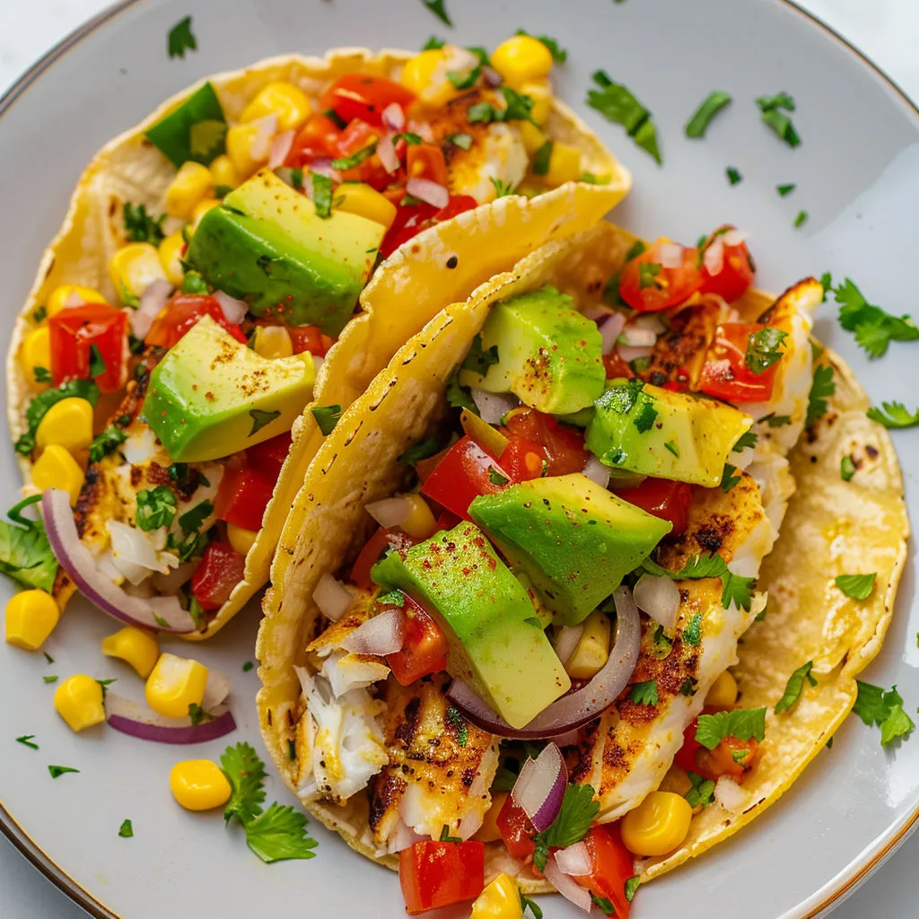 Tacos de poisson faits maison et légumes variés.