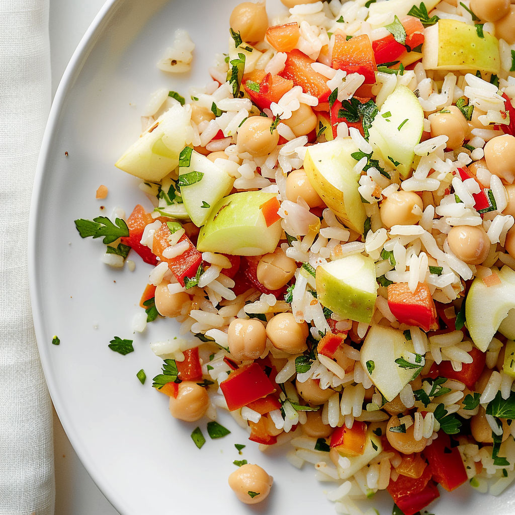 Un mélange vibrant de riz, pommes et poivrons dans un saladier coloré.