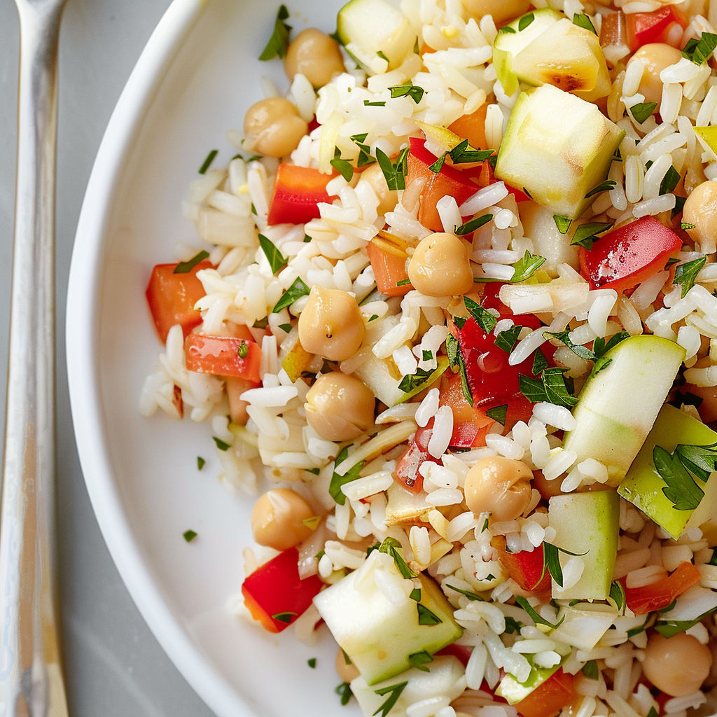 Une assiette de riz pleine de couleurs, avec morceaux de tomates, poivrons, concombre et haricots verts dans un bol blanc.