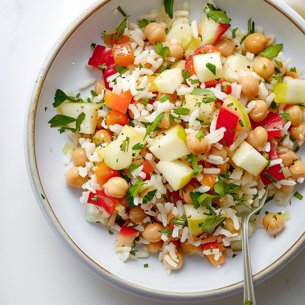 Un bol rempli de riz, tomates, poivrons et carottes bien colorés et coupés finement.