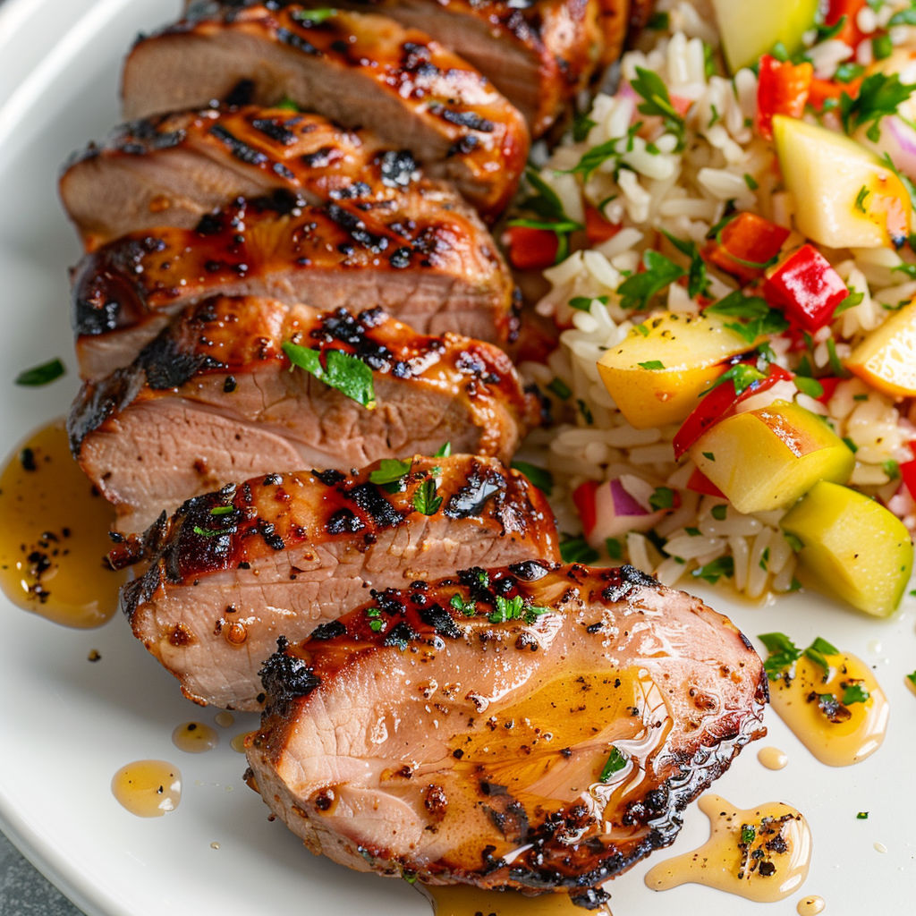 Filets de porc marinés au jus de pomme, servis sur une assiette blanche.
