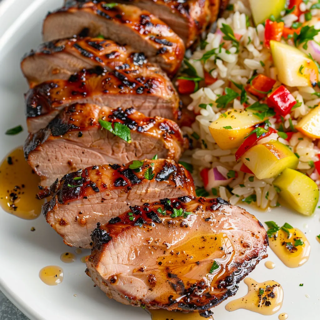 Filets de porc marinés au jus de pomme, servis sur une assiette blanche.