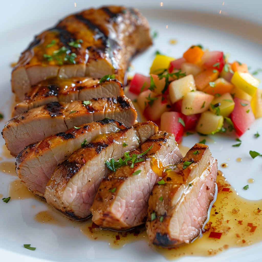Une plaque de porc grillé avec des légumes et des fruits, accompagnés d'une sauce moutarde.