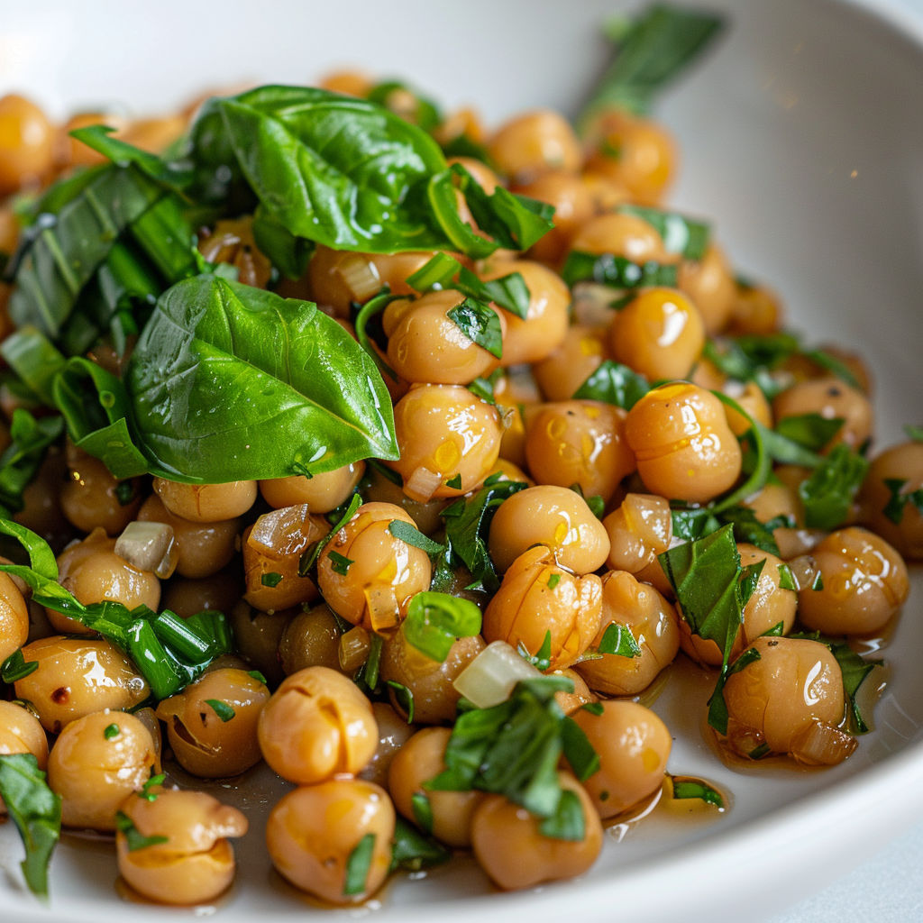 Assiette remplie de pois chiches croustillants, accompagnée de basilic et oignons verts.