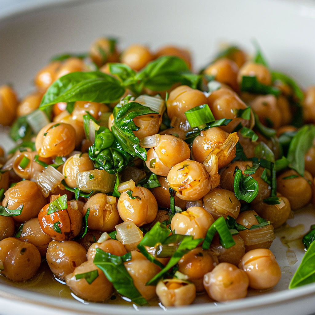 Un bol de pois chiches avec des herbes fraîches.