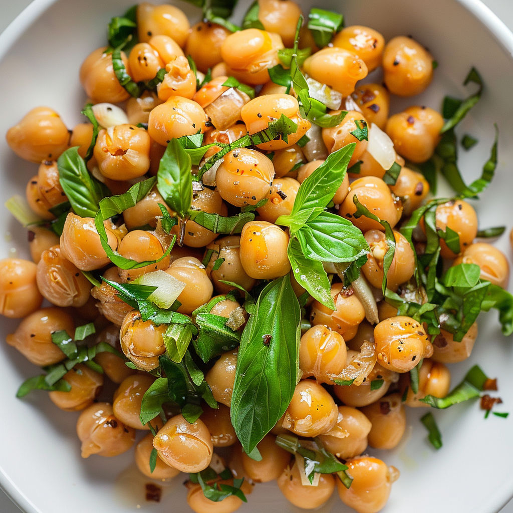 Bol de pois chiches avec feuilles de basilic.