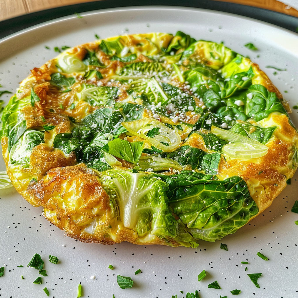 Une délicieuse frittata avec laitue servie joliment sur un plat.