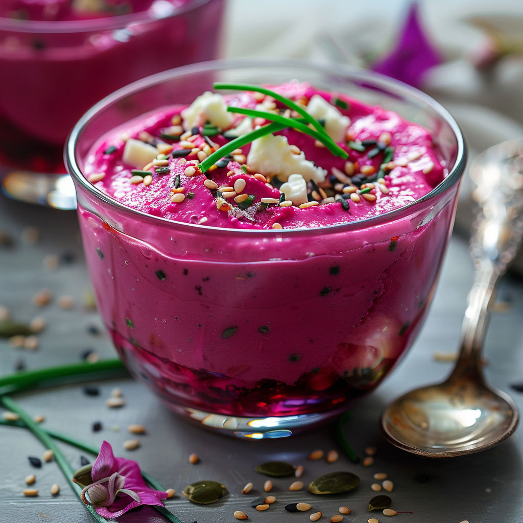 Petit verre rempli de mousse de betterave et feta, garni de ciboulette fraîche et de graines.