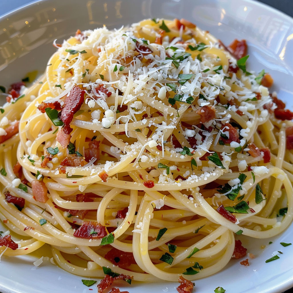 Des pâtes garnies de bacon croustillant, de piment et d’un nappage de pecorino fondant, mises en avant sur une assiette.