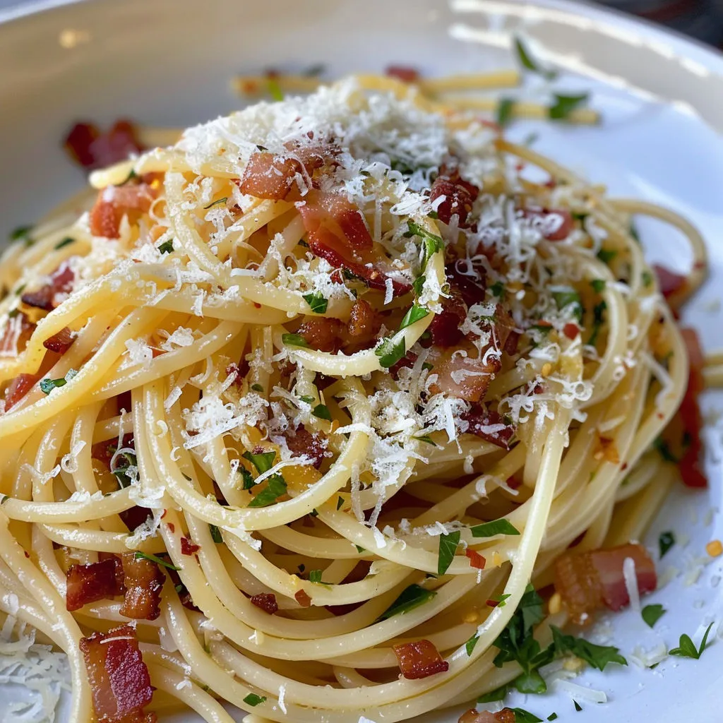 Un tas de spaghettis avec du bacon et des herbes.