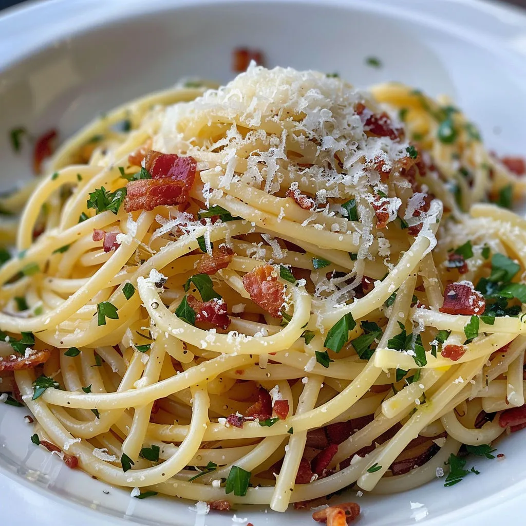 Un tas de spaghetti avec herbes et bacon, servis avec sauce tomate.