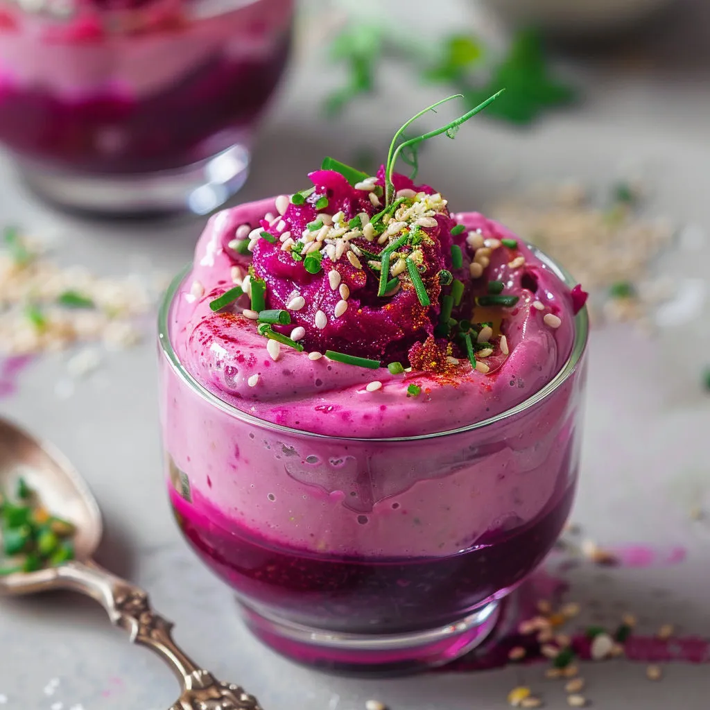 Petite verrine de mousse rose à la betterave et feta, surmontée d’herbes et de graines.