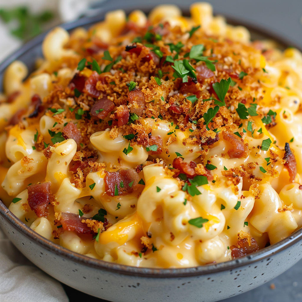 Macaroni au fromage fondant avec du bacon croustillant et des herbes fraîches.