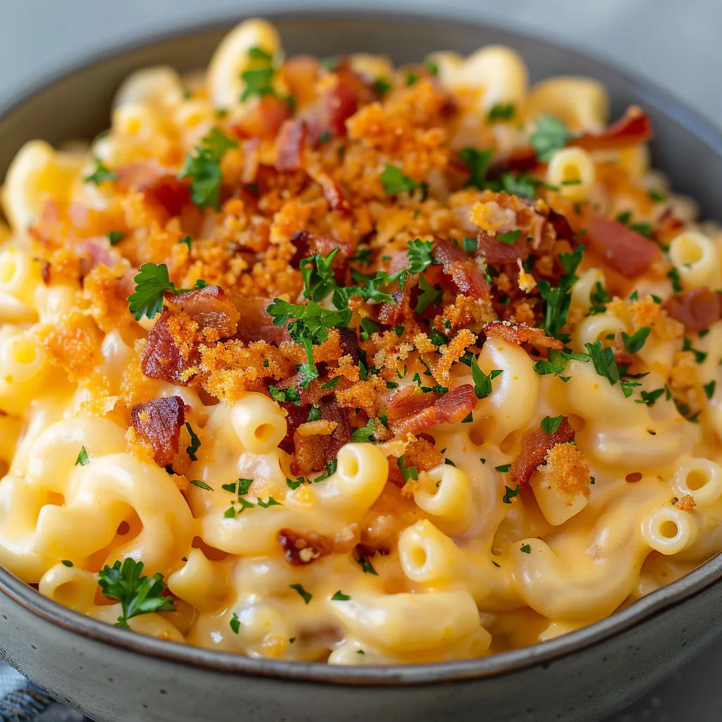 Macaronis fondants nappés de cheddar et crumble bacon ultra croustillant.