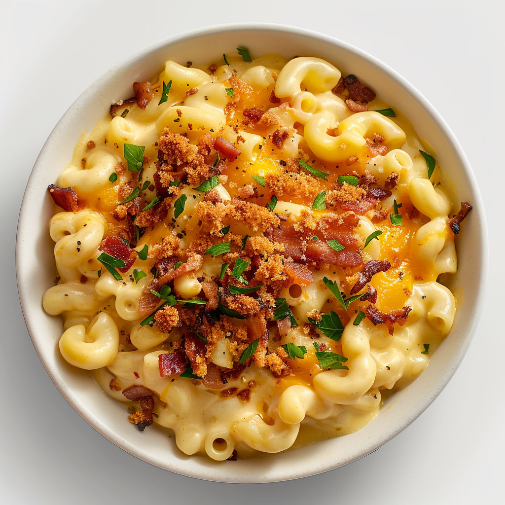 Plat de macaroni généreux au fromage affiné, bacon et croûtons.