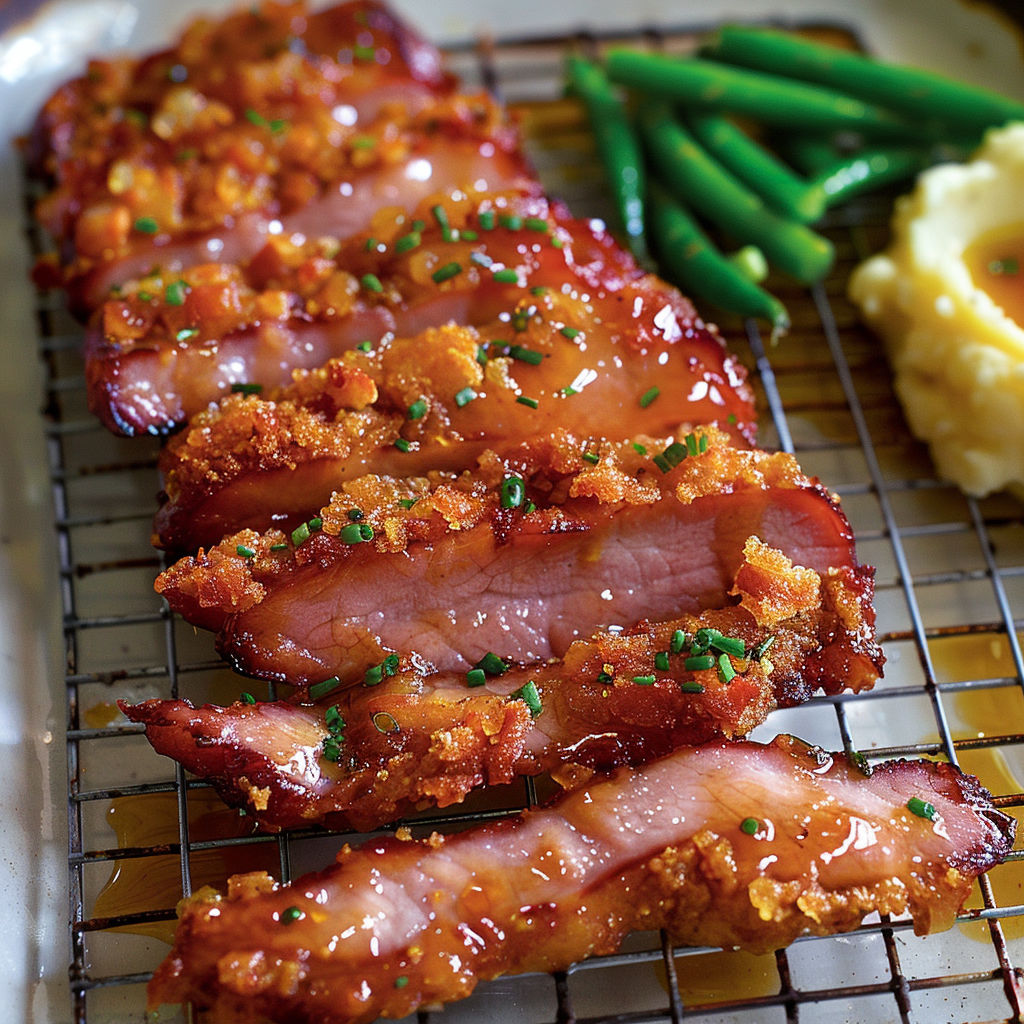 Filets grillés recouverts de bacon croustillant, servies avec des pommes de terre moelleuses et des légumes verts frais.
