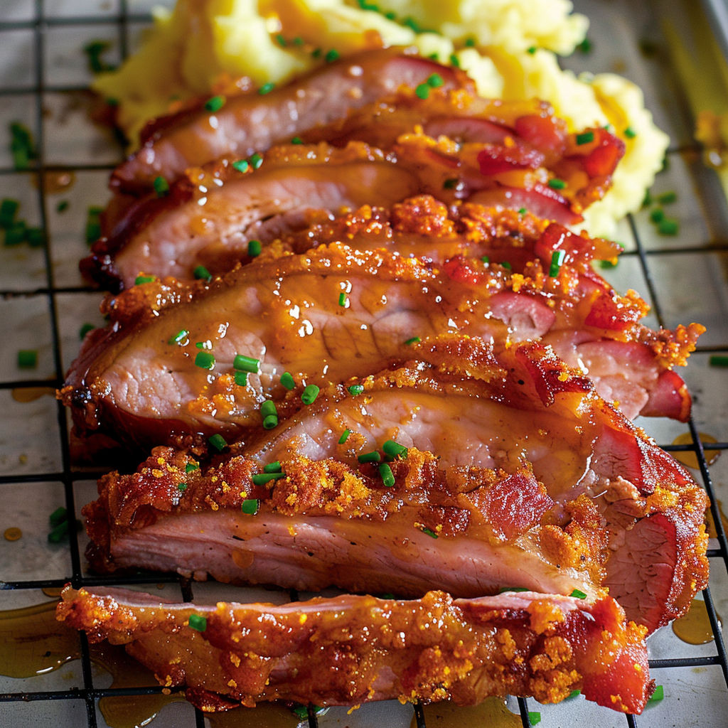 Porc doré en croûte bacon moutarde et miel servi sur une assiette.