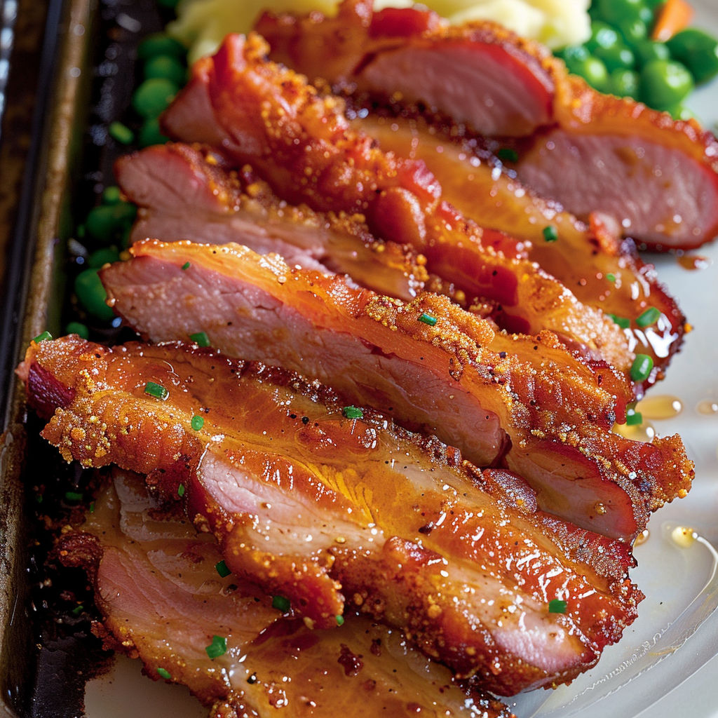 Porc croustillant, bacon et herbes, prêt à partager à table.