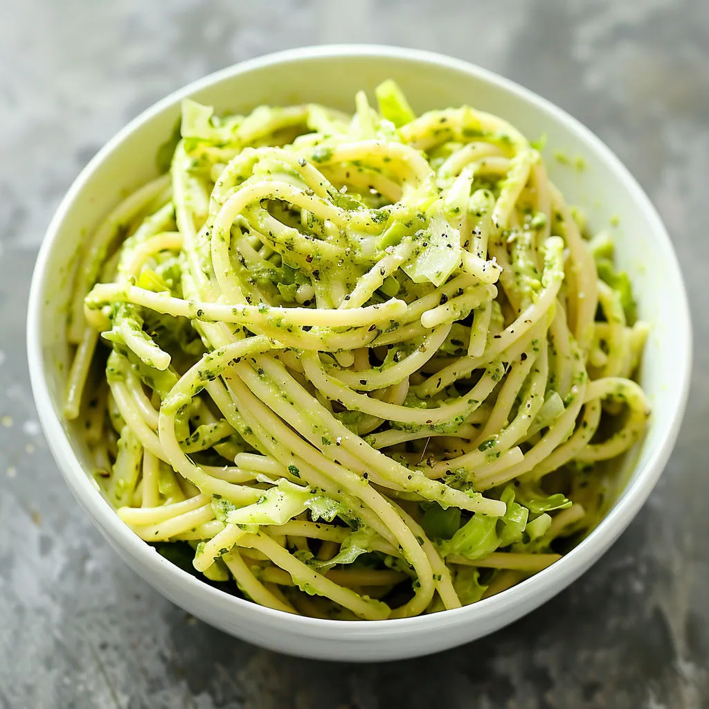 Bol de spaghettis froids, légumes verts, pesto frais.