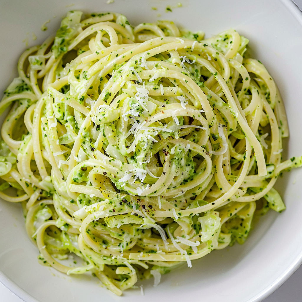 Assiette de spaghettis frais, chou vert, sauce au pesto et mayo.