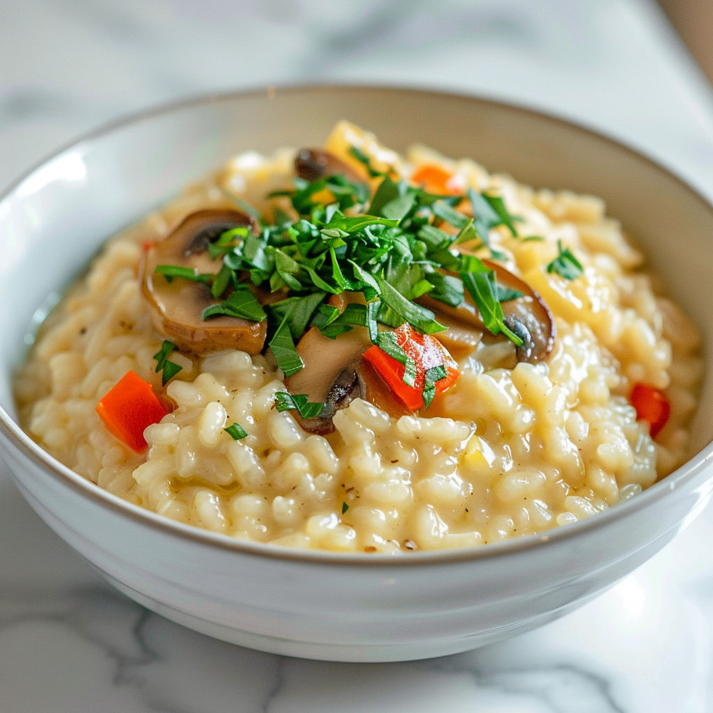 Un bol de riz crémeux aux champignons et épinards.