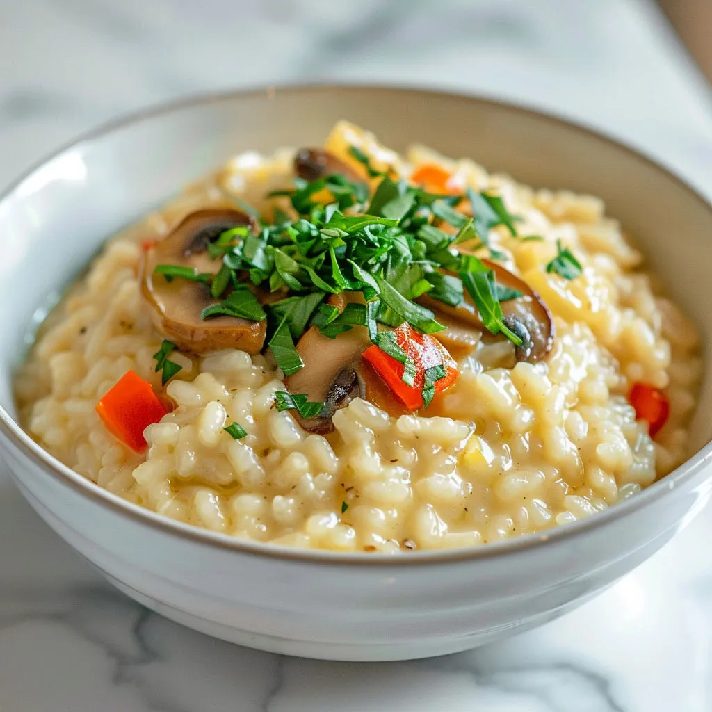 Un bol de riz crémeux aux champignons et épinards.