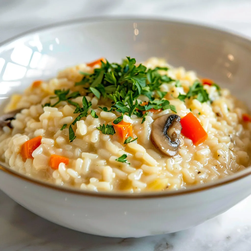Un bol de riz aux légumes et champignons tout doré.