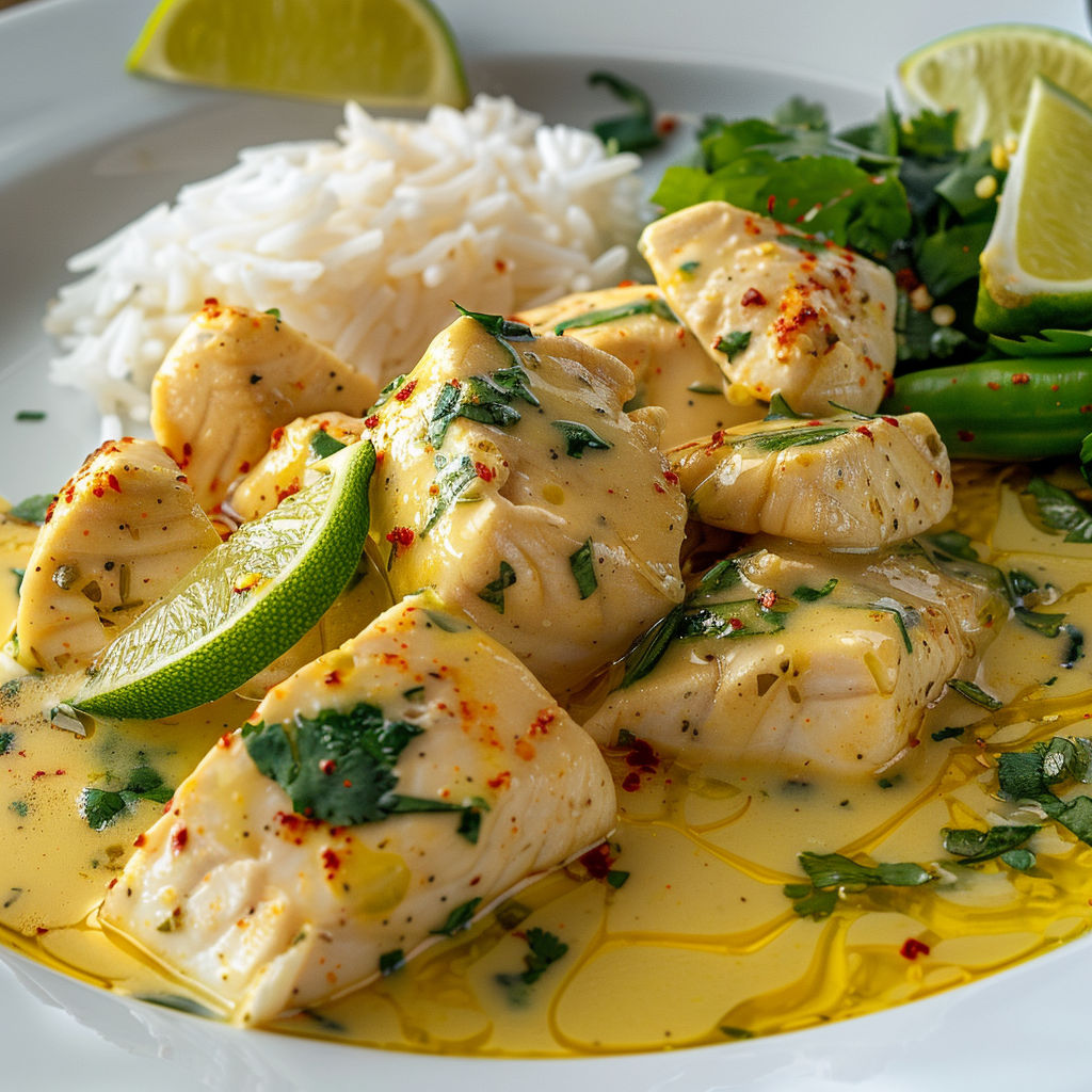 Filets de poisson nappés de sauce coco lime, accompagnés de riz parfumé et garnis d’une tranche de lime.