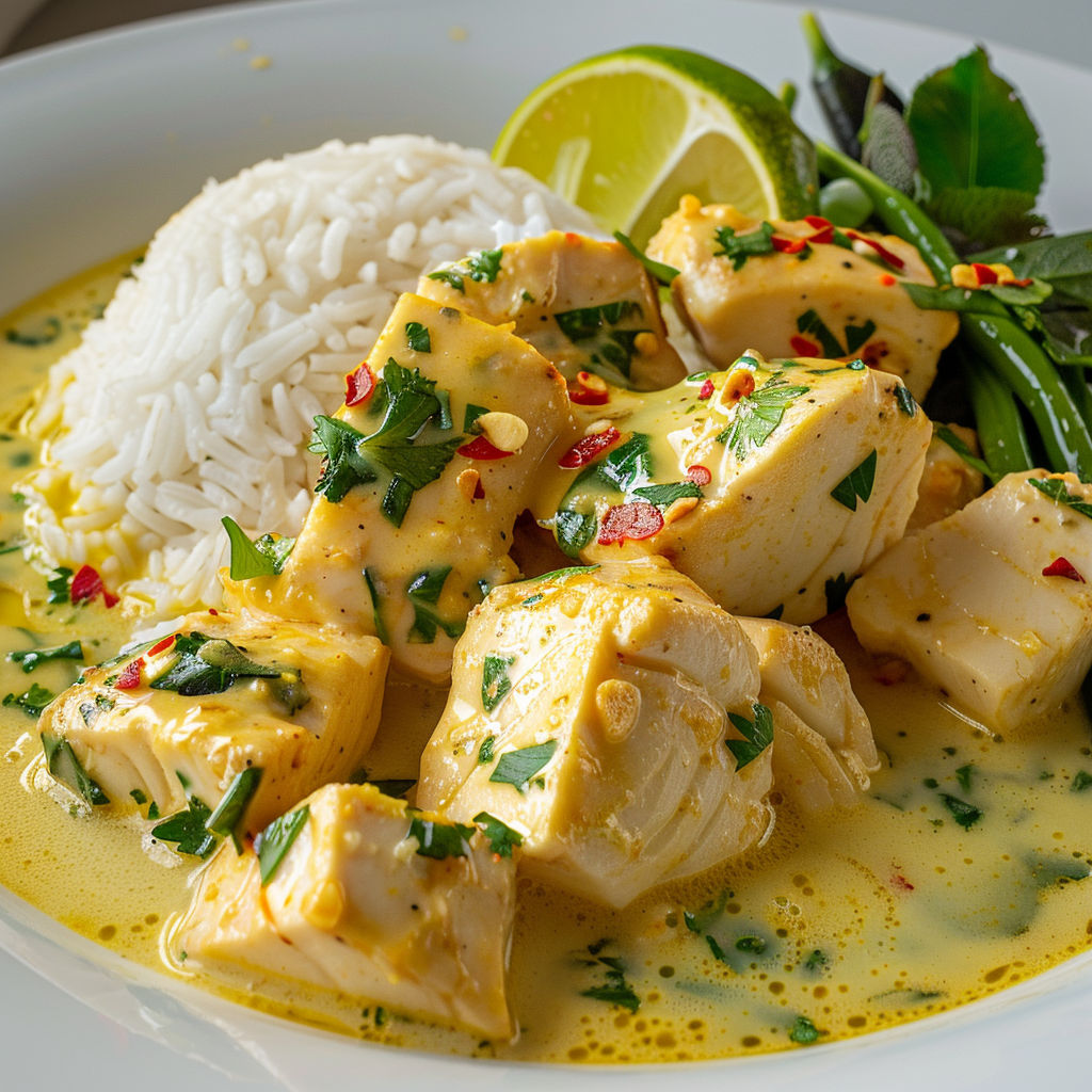 Une assiette pleine de poulet, riz et citron vert.