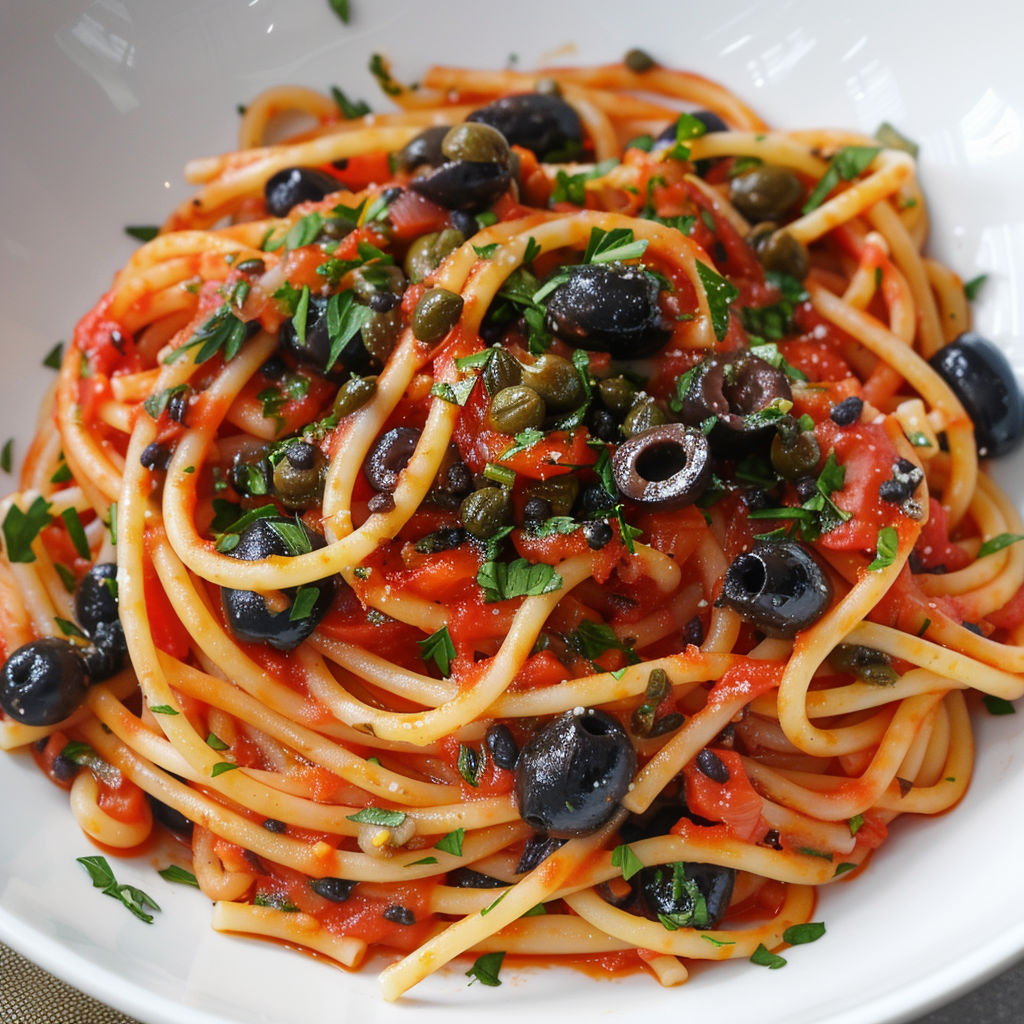 Assiette de spaghetti nappés de sauce puttanesca et parsemée d'herbes.