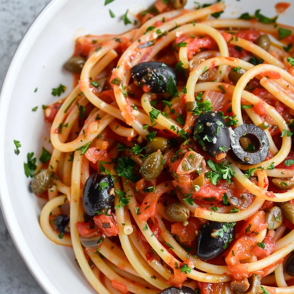 Des spaghetti nappés de sauce tomate aux olives et herbes fraîches.