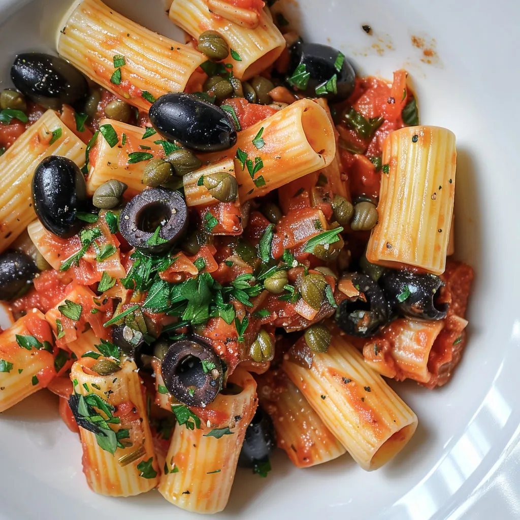 Des penne à la sauce tomate et olives vertes, prêtes à déguster.