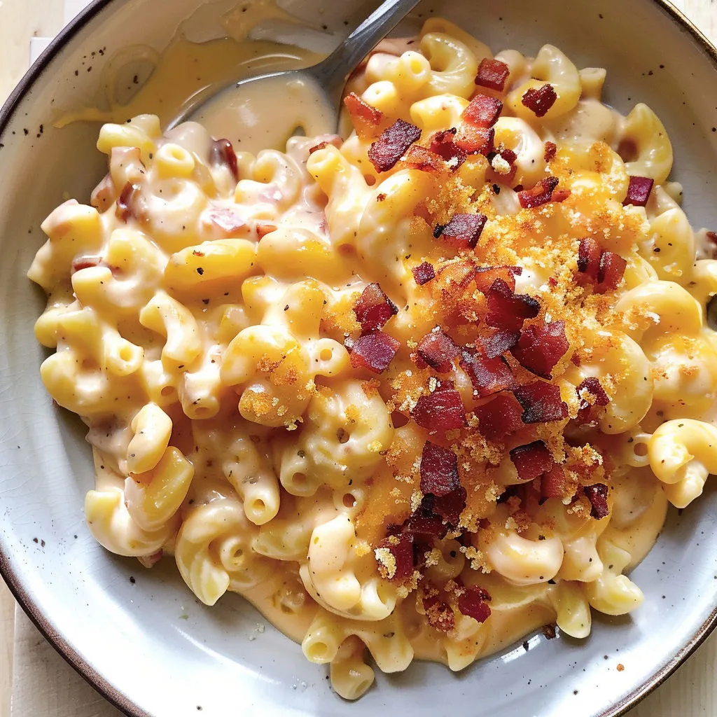 Un plat de pâtes crémeuses au bacon avec une cuillère pleine de sauce.