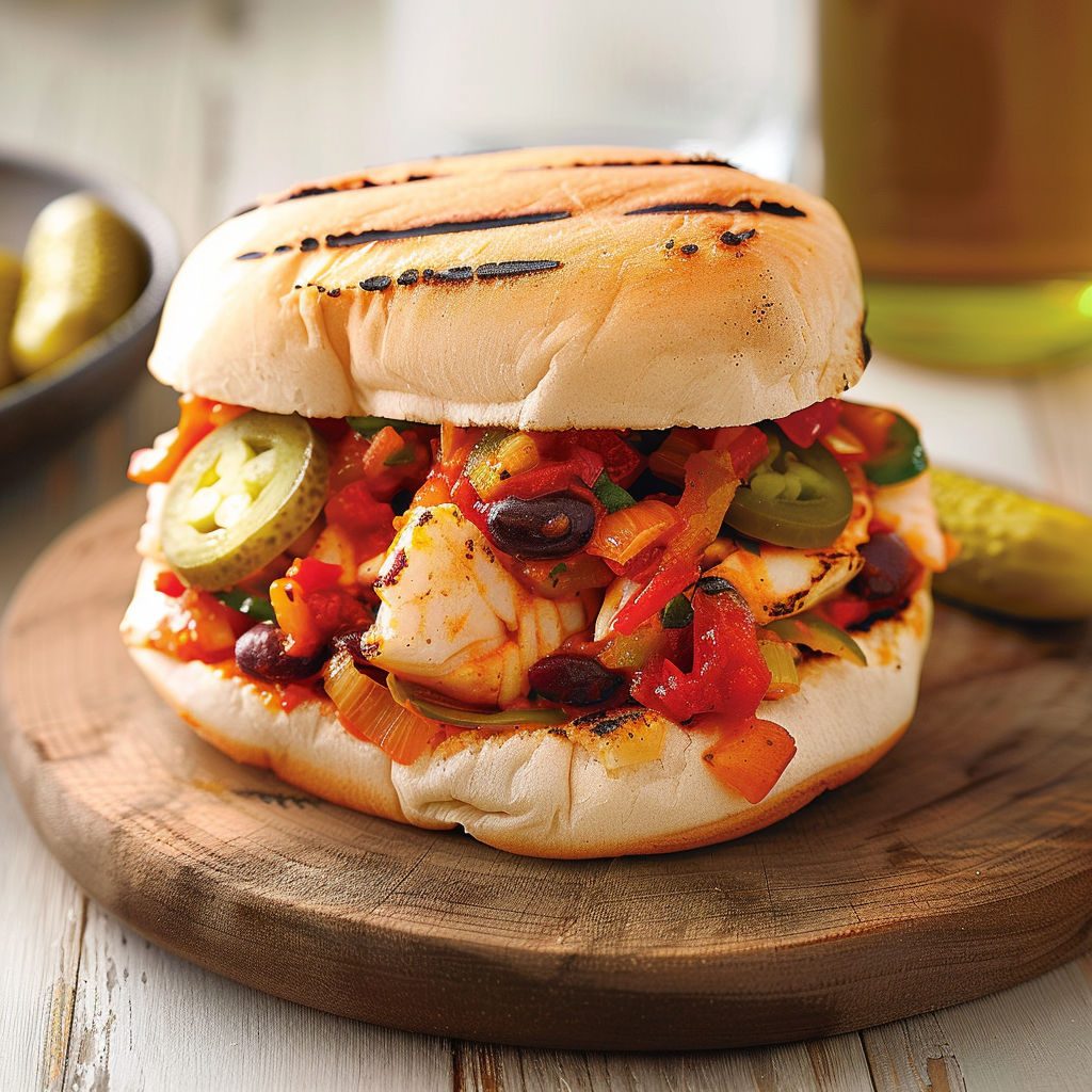 Sandwich garni de poisson blanc, légumes épicés et sauce tomate.