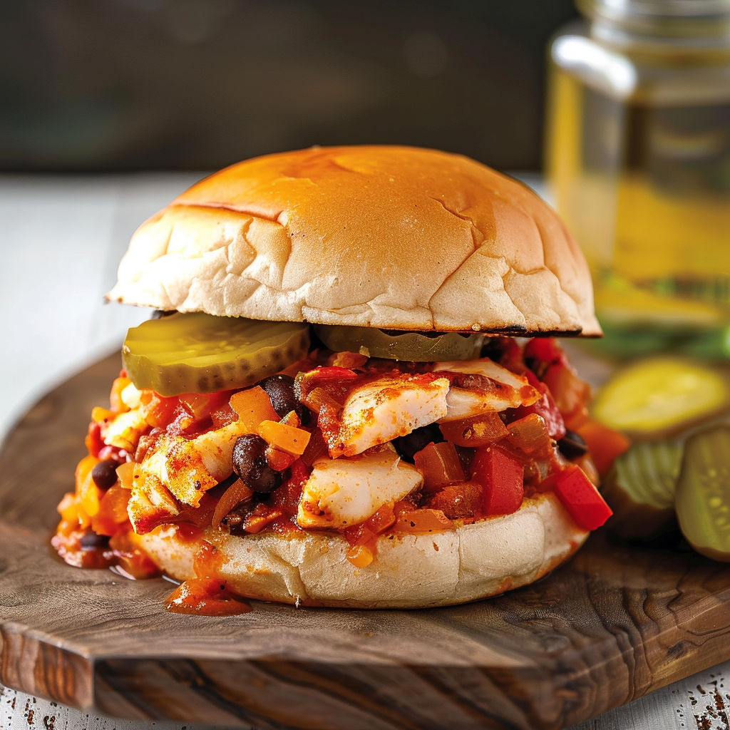 Un sandwich généreux au poisson et haricots relevés, posé à côté d’une bouteille d’huile.