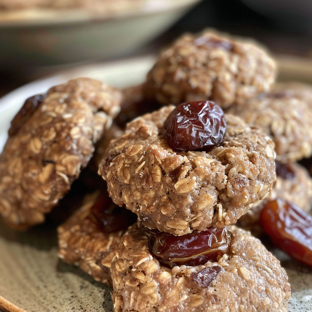 Assiette avec des biscuits moelleux aux dattes et amandes parfaits pour un snack.