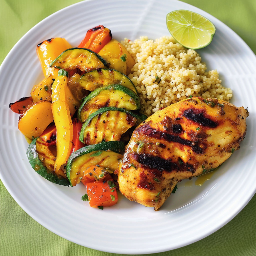Assiette de poulet aux légumes grillés prête en 30 minutes.